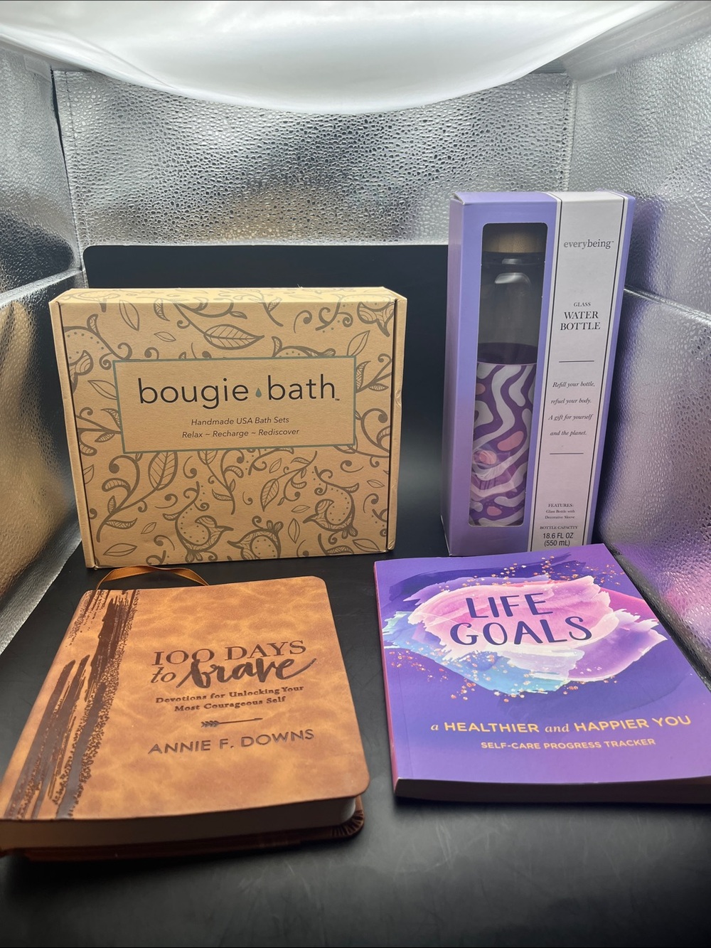 4 Pc Self care COZY bundle water bottle bath bombs journals curated luxe